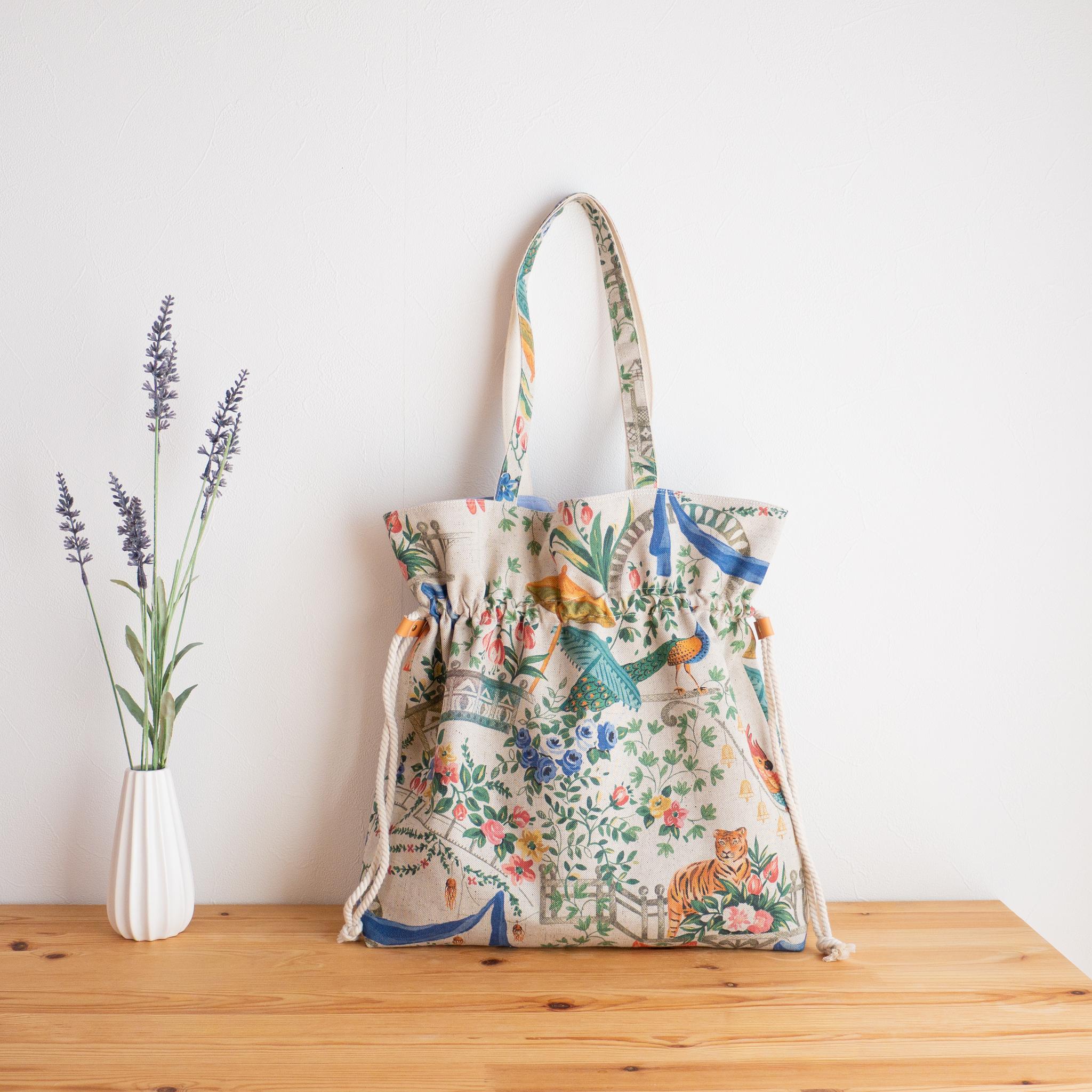 スペイン生地 巾着ショルダートートバッグ　Birds & Tigers